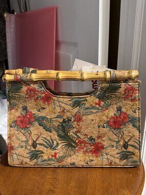 Alessia Palm Print Cork Clutch Handbag With Bamboo Handle - NWT